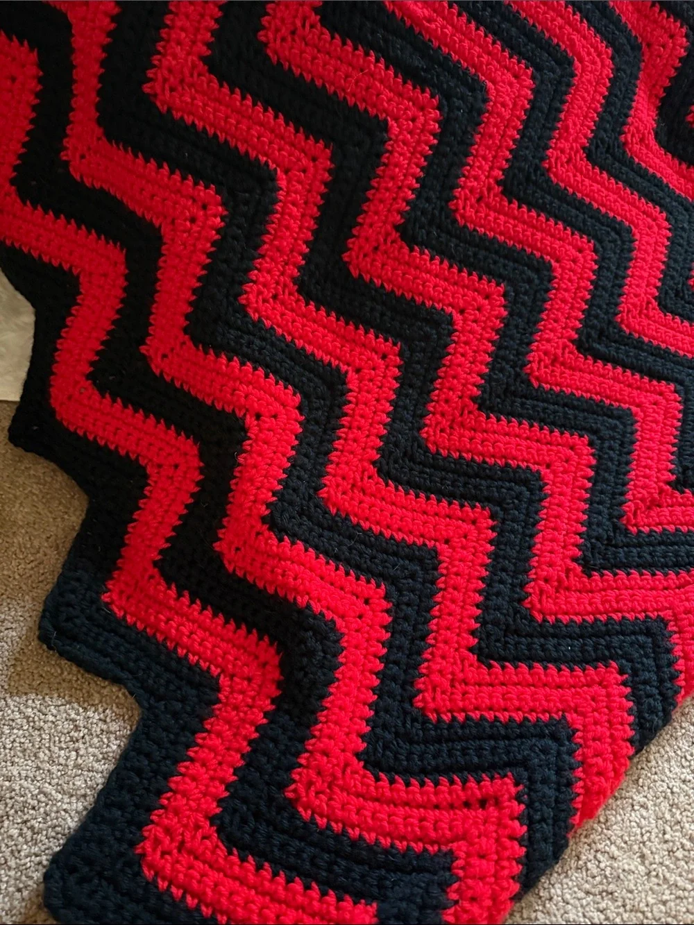 Hand Crafted Red and Black‎ Chevron Crochet Throw Blanket